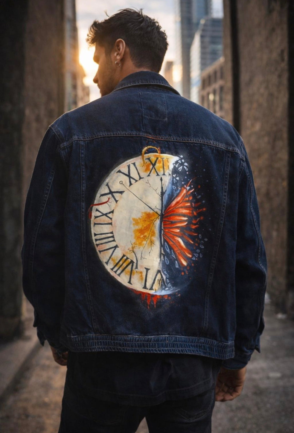 Person wearing a denim jacket with a unique design on the back, standing in an urban setting.
